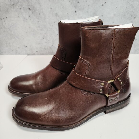 FRYE Sam Harness Mens Boots 8M Dark Brown Leather Mid-Calf Back Zipper - Picture 2 of 16